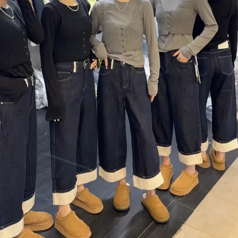 加绒加厚大码直筒牛仔裤女2024秋冬新款小个子显瘦九分阔腿裤