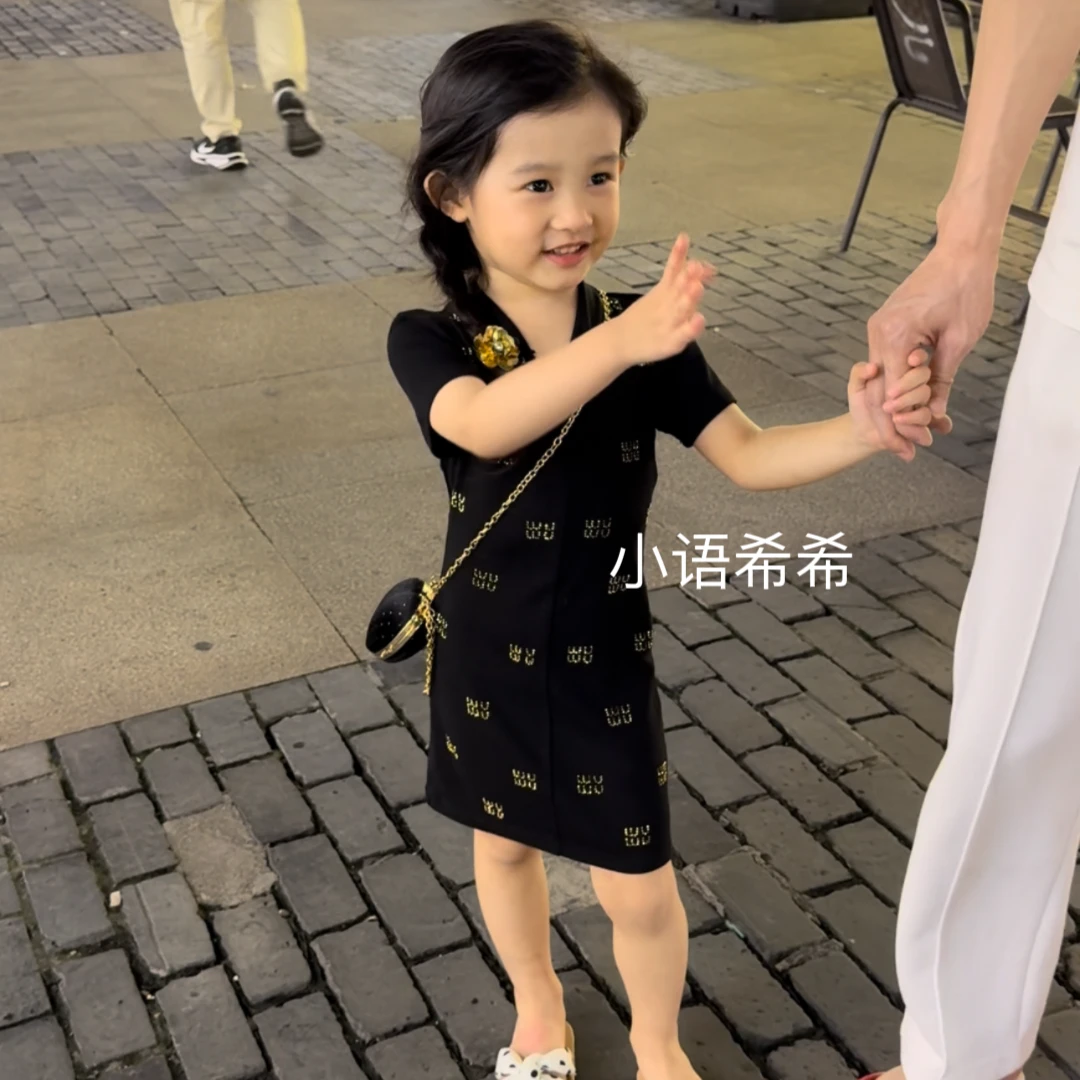 【 小语希希】时尚气质重工烫钻夏季亲子女童短袖连衣裙