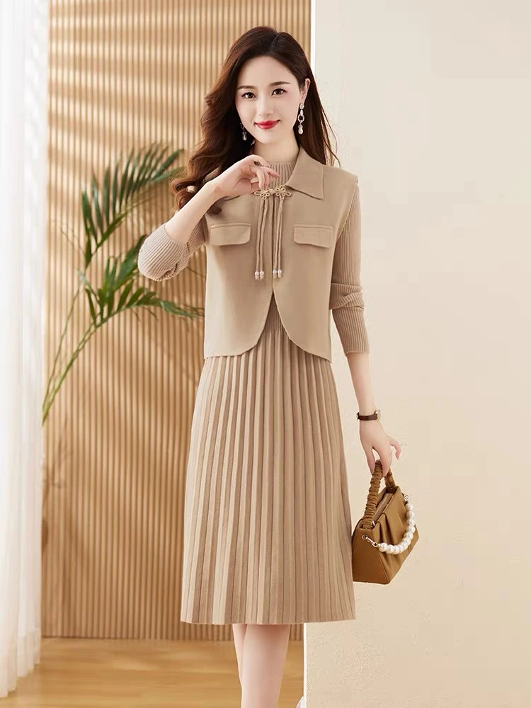 【针织连衣裙+马甲两件套】2025秋冬洋气显瘦新款针织衫裙套装入秋