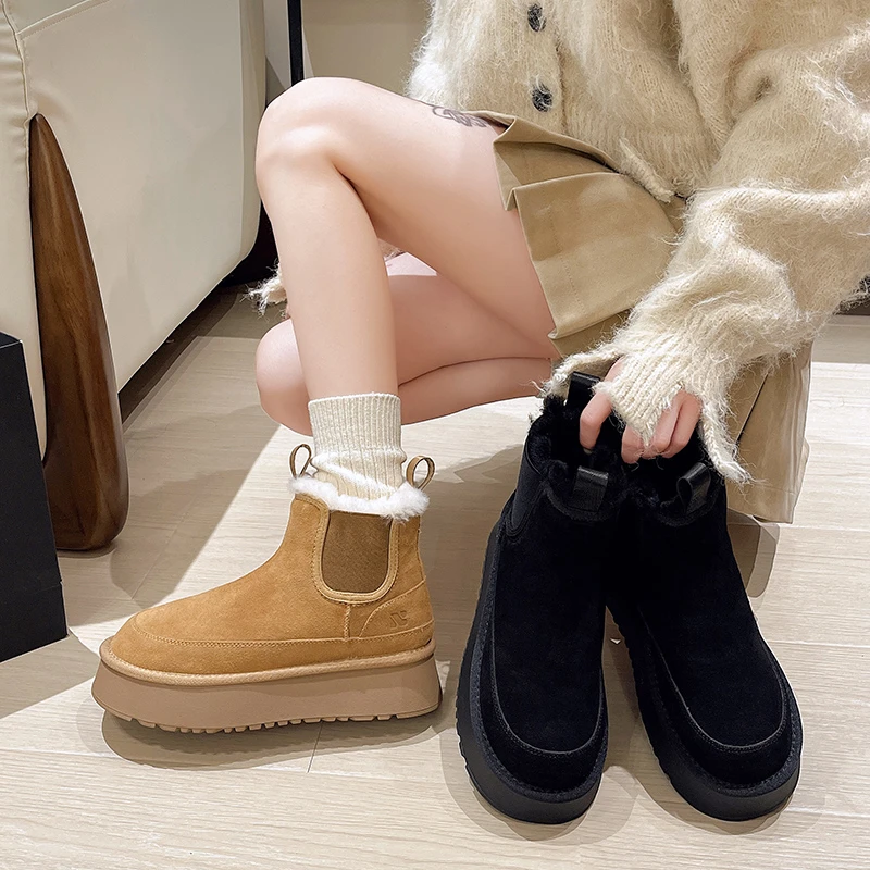 切尔西小个子5cm增高厚底雪地靴女2024冬季加绒加厚百搭休闲时尚