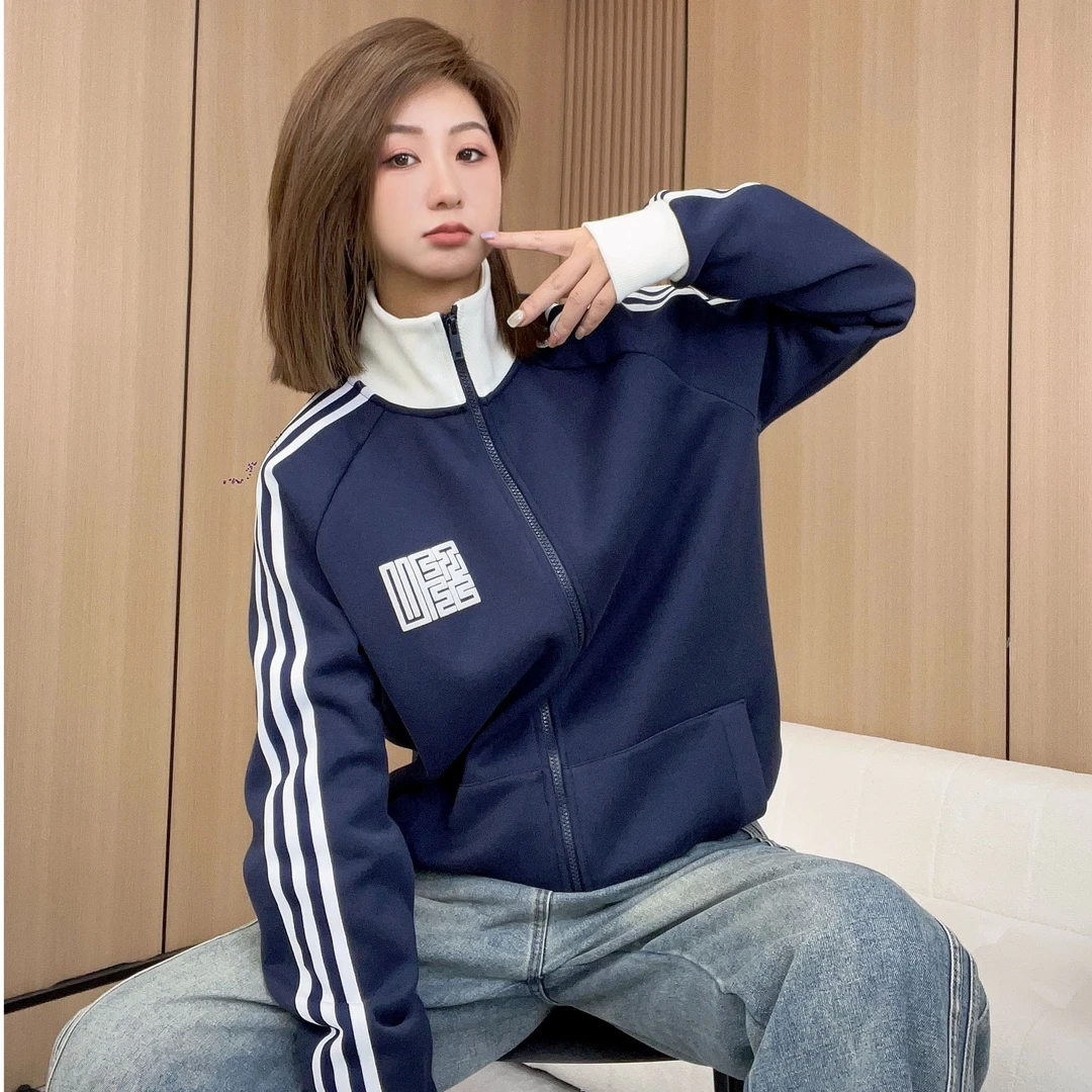 TD家【藏青色】秋季新款重磅立领外套宽松百搭休闲运动开衫