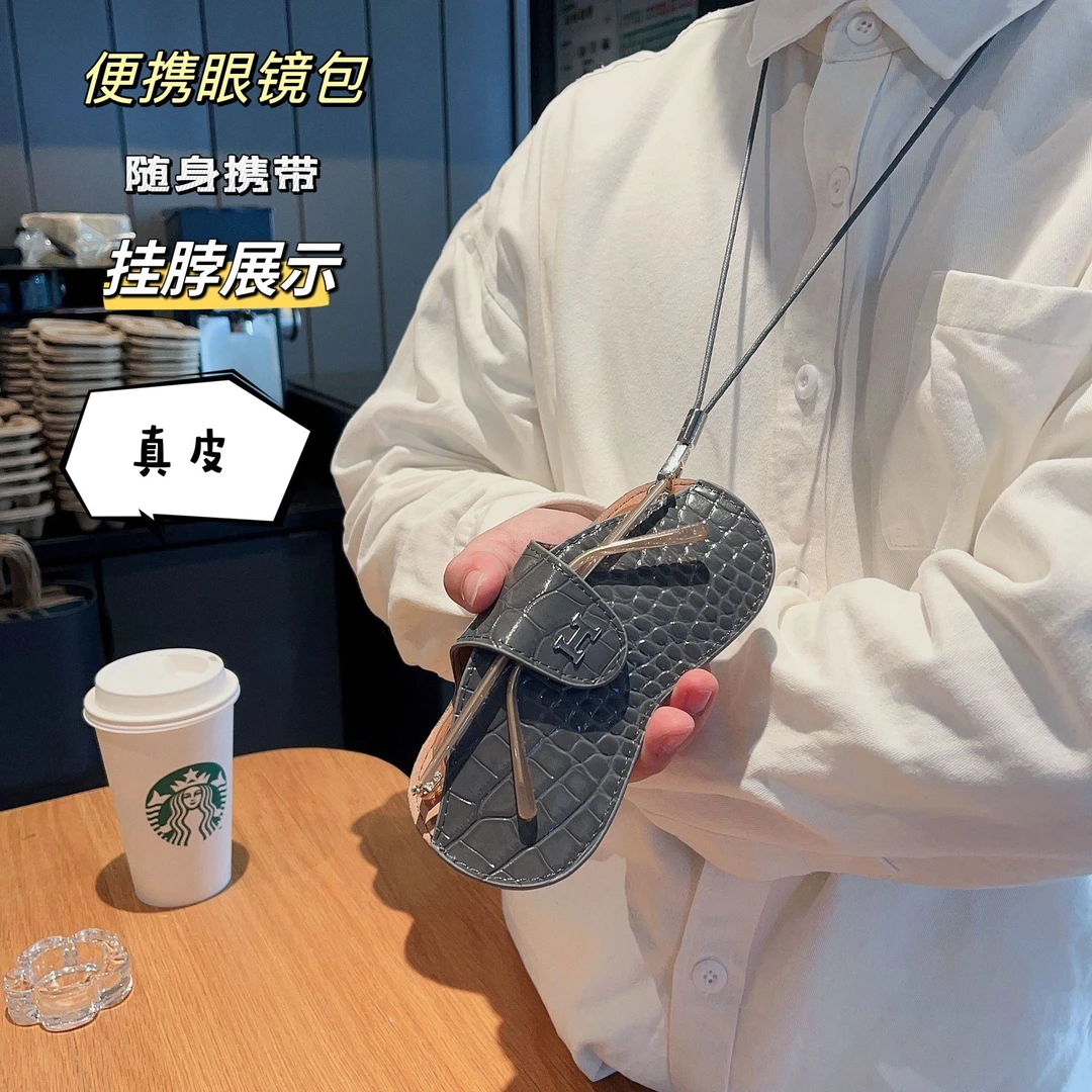 H扣真皮鳄鱼纹墨镜太阳镜收纳包挂绳便携抗压近视眼镜小巧保护盒