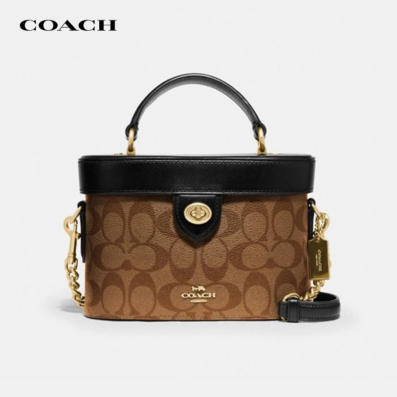 COACH/蔻驰【品牌直供】Georgie系列老花盒子包化妆包焦糖拼色