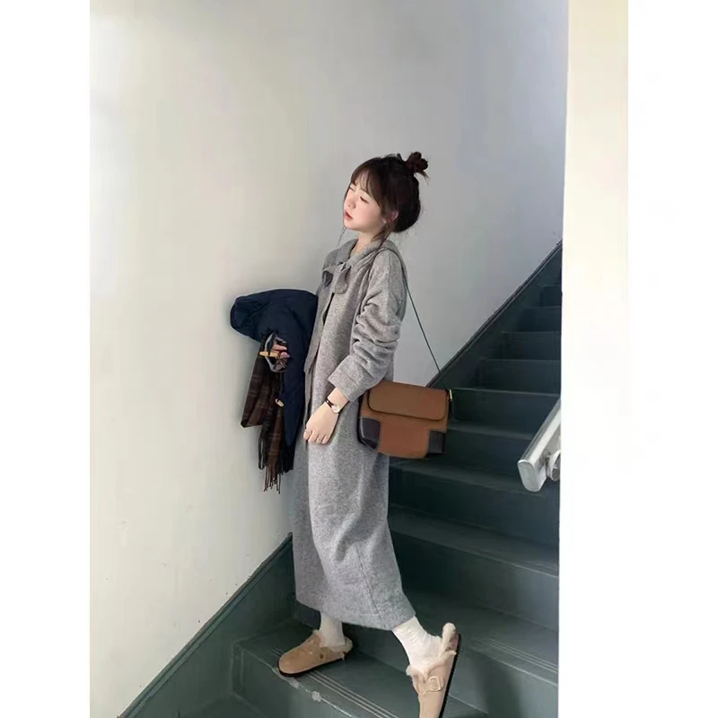韩版中长款法式复古长袖针织连衣裙女秋冬季新款2022慵懒风连帽裙