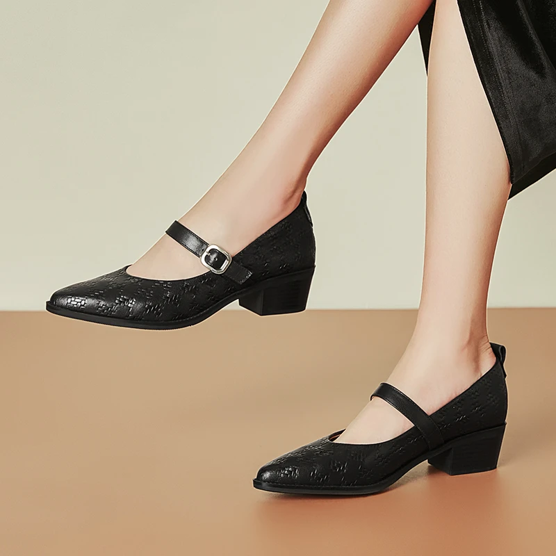 真皮法式温柔羊皮女鞋粗跟玛丽珍鞋中跟复古一字扣带单鞋女Q033