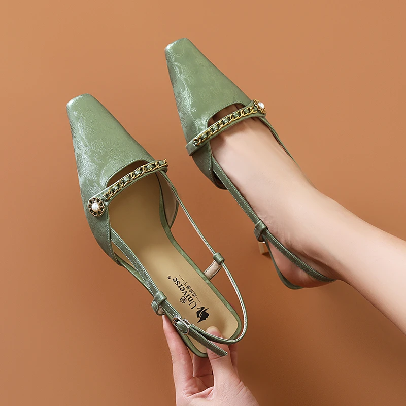 气质尖头细跟包头凉鞋女丝绸质感羊皮真皮透气镂空夏款女鞋Q046