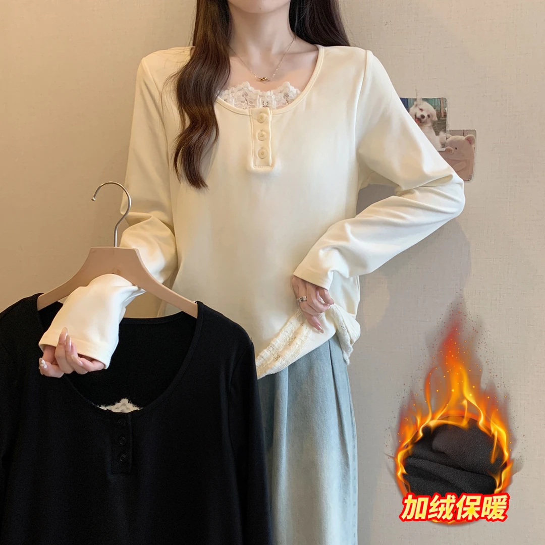【泡芙专属】2024冬装大码蕾丝拼接正肩T恤加绒保暖打底衫上衣63905