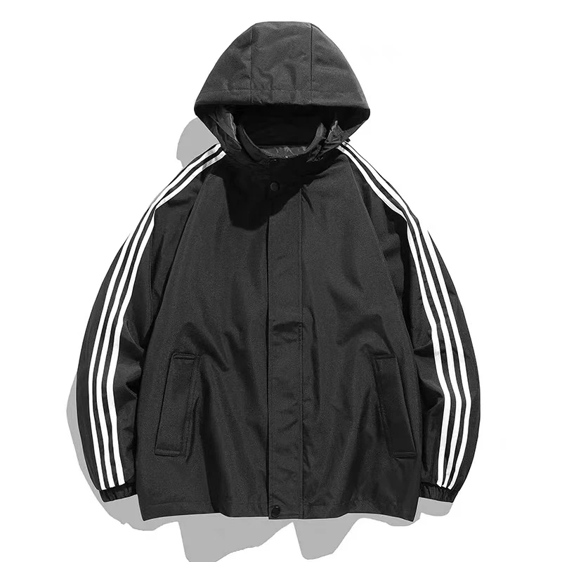 户外冲锋衣男连帽2024新款日系潮牌宽松条纹运动棉服2522