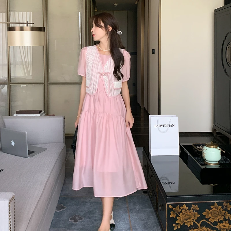 夏天搭配一整套马甲连衣裙时尚法式复古新款宽松甜美裙子减龄气质