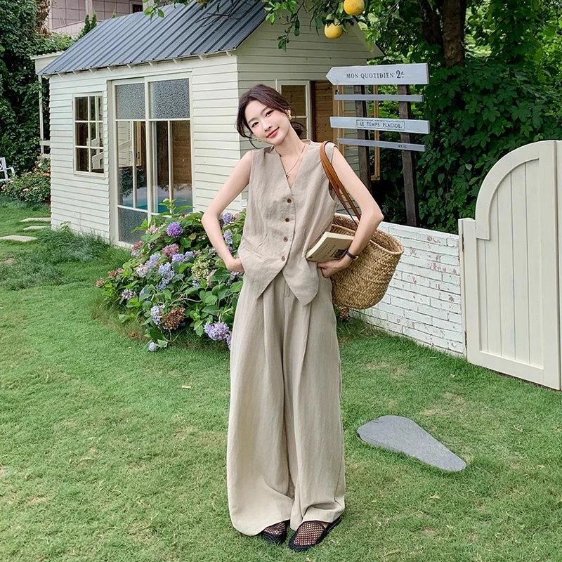 气质高级感韩版套装女夏季2024高腰无袖上衣阔腿裤两件套宽松洋气