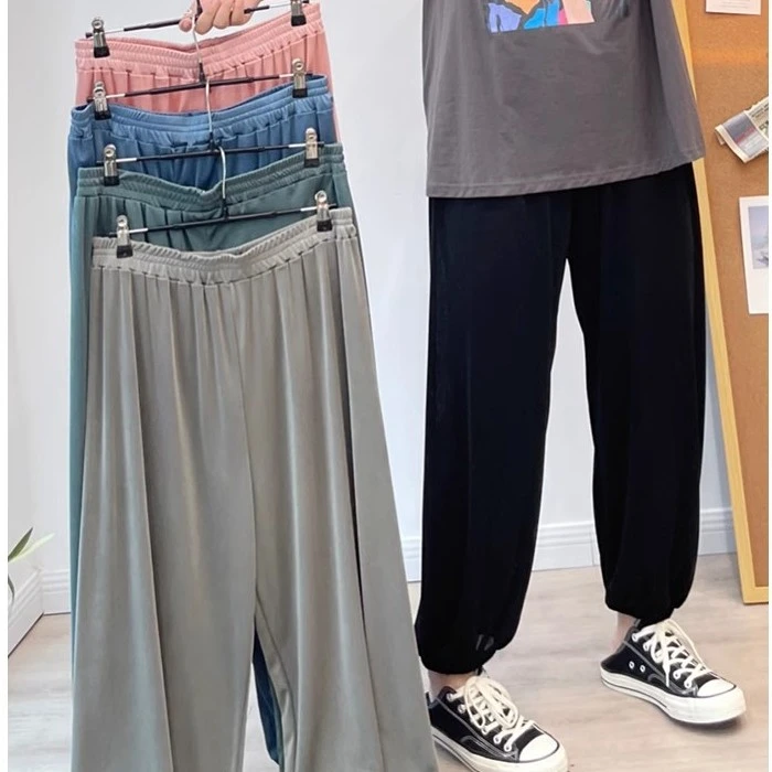 夏季女薄款大码哈伦裤胖mm200斤加肥九分宽松束口冰丝休闲灯笼裤