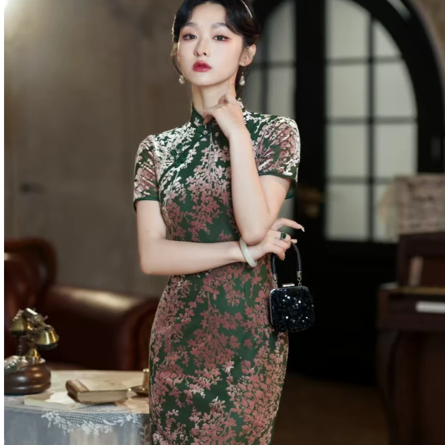 春季新款2025高端绿色优雅气质中国风旗袍长款显瘦修身高级感日常