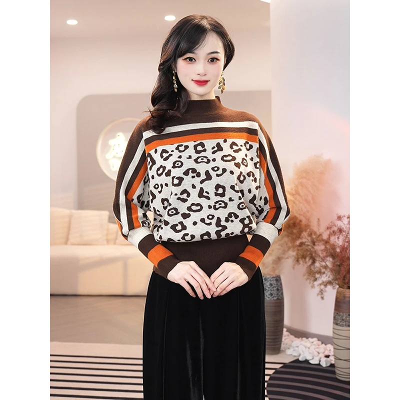 预售2025秋冬新款【TX-55】宽松弹力含绵羊毛时尚拼接咖色套头针织