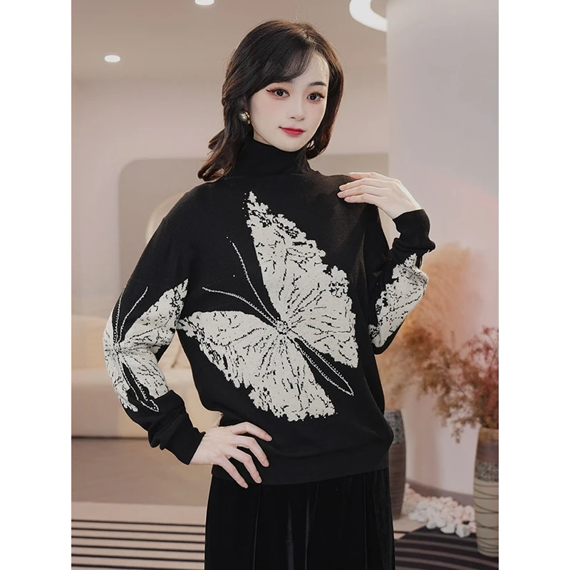 唐熹预售2025年秋冬新款【6310】含绵羊毛轻奢蝴蝶烫钻黑色针织衫
