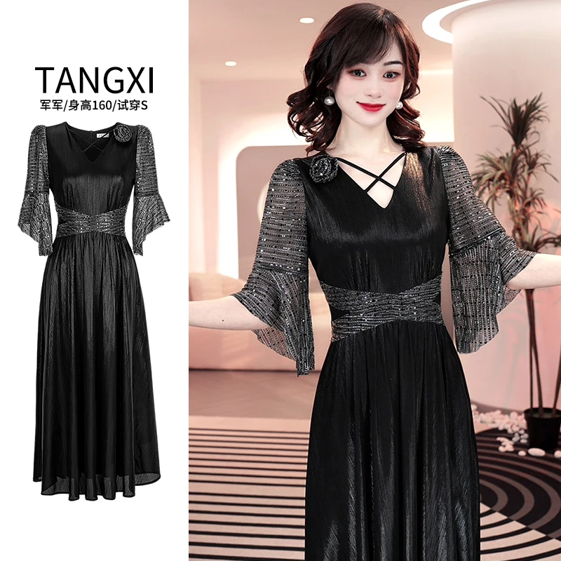现货2025【LT24-C220】高贵黑色轻奢高级裙子显瘦优雅宴会连衣裙女