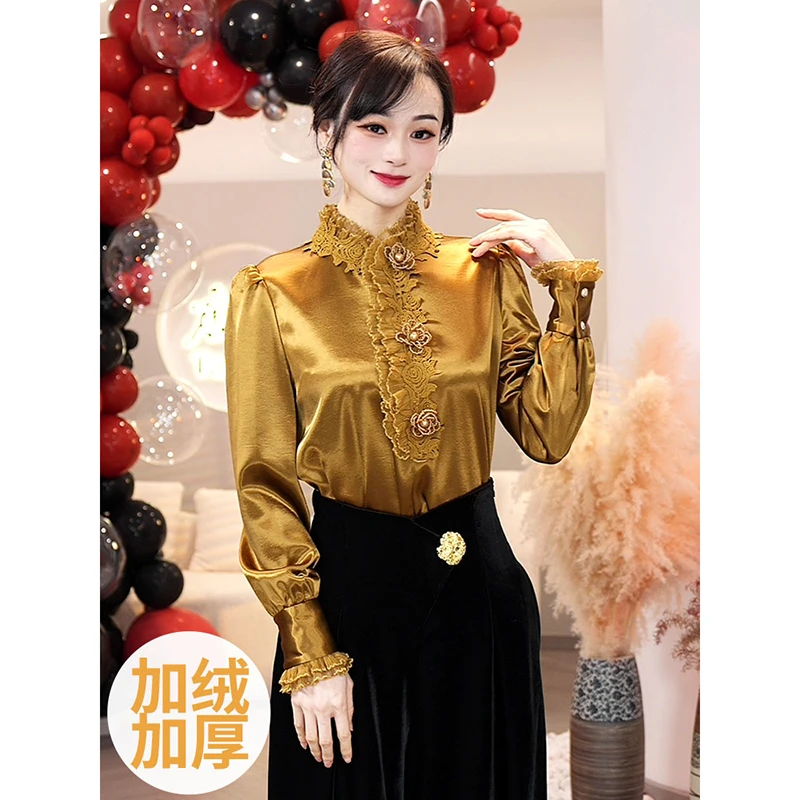 2025秋冬【LT-D960】加绒加厚宽松高级感缎面香槟金衬衫上衣女