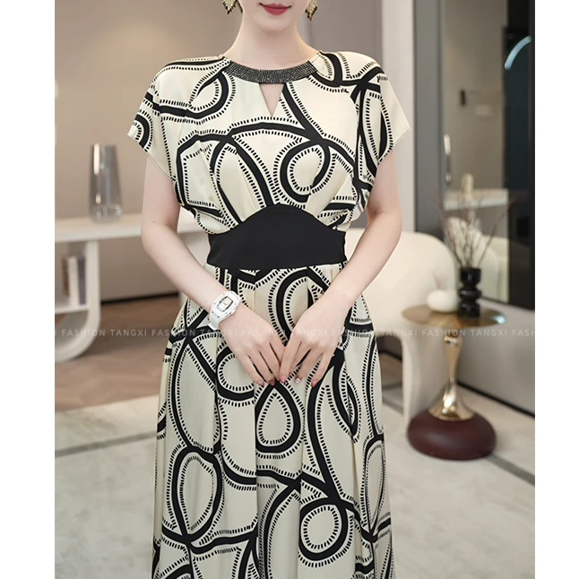 2025夏季新款【H24-X89】修身轻奢气质高级感印花收腰连衣裙子