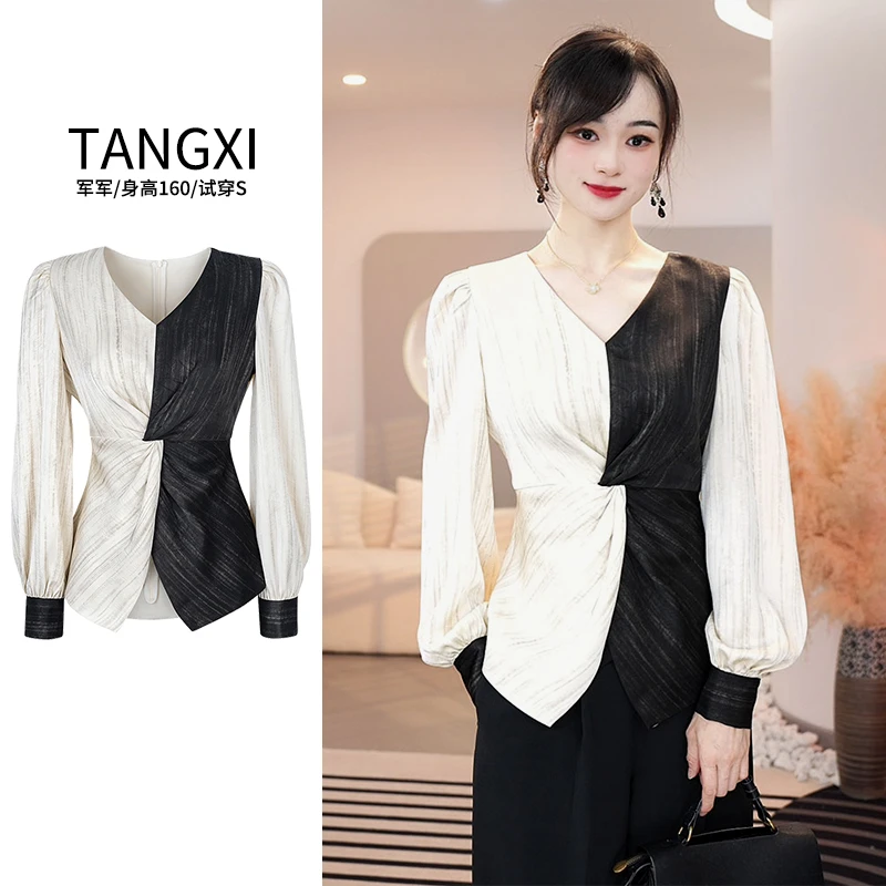 2025年早秋新款【R24-Q45】修身显瘦法式洋气时尚肌理缎衬衫上衣女