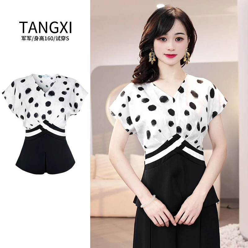 2025夏季新款【ZM24-X551】修身黑白波点缎面清爽气质显瘦衬衫上衣