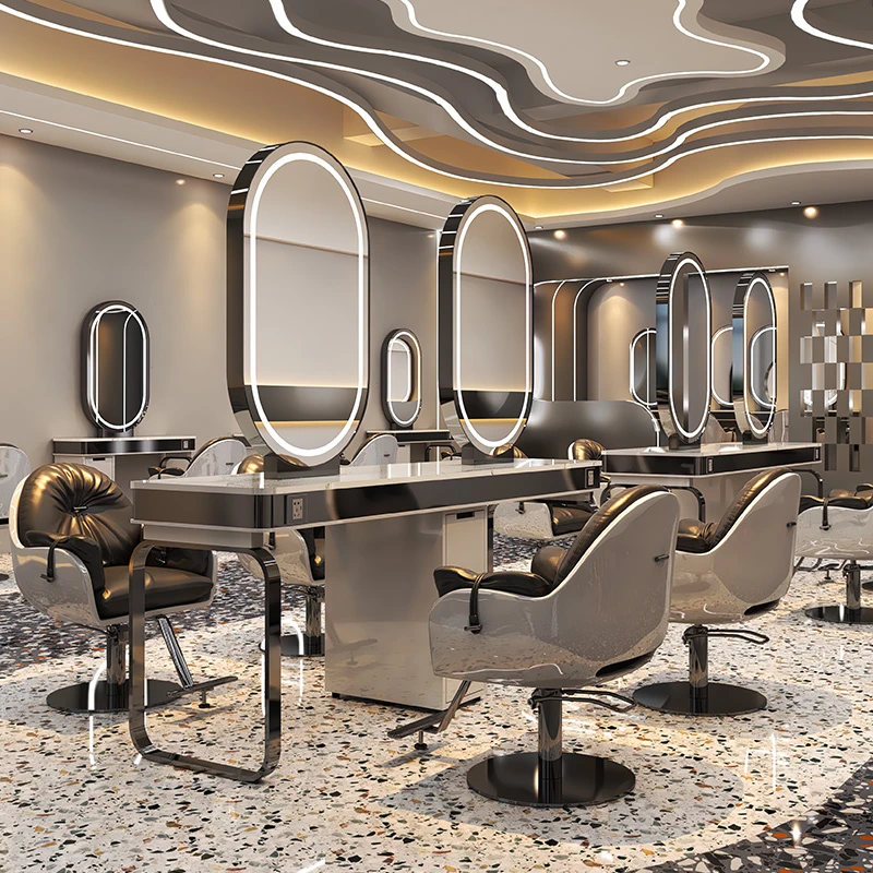 网红理发店镜台发廊专用双面大理石美发镜台高端不锈钢烫染桌带柜