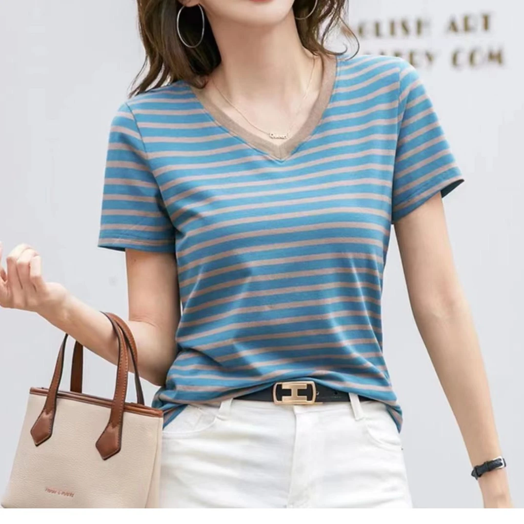条纹短袖T恤女夏装韩版百搭宽松休闲V领体恤上衣半袖显瘦洋气
