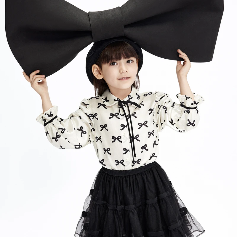 little moco童装23秋装新款女童蝴蝶结娃娃领长袖衬衫#KBC3SHT014