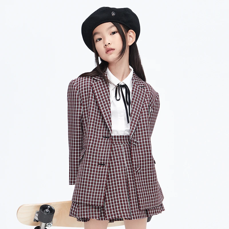 little moco童装23春装新款女童格纹西装夹克校园外套#KBC1JKT014