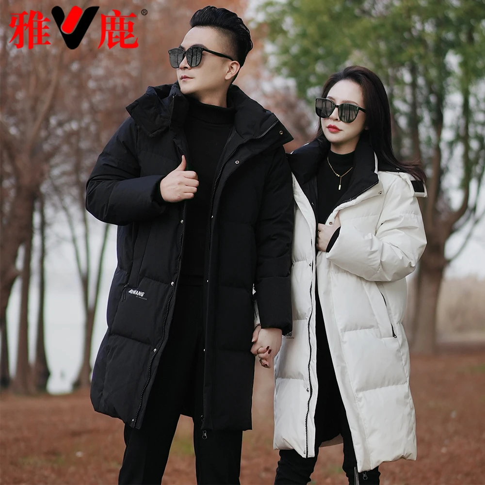 雅鹿爆款羽绒服情侣装90白鸭绒男女同款黑色冬装外套中长款YZY