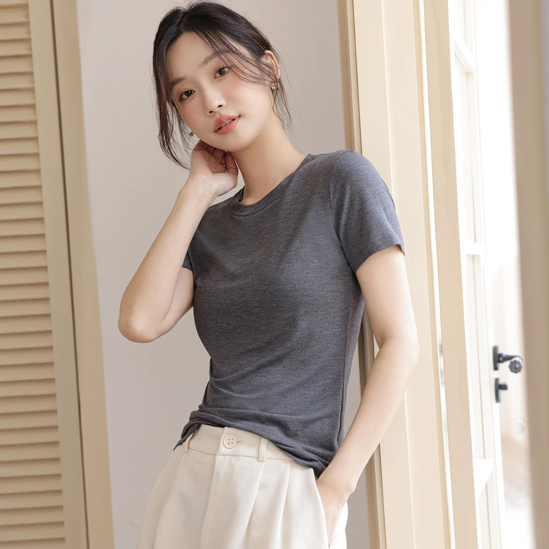 莫代尔冰丝面膜短袖T恤女款2025新款爆款圆领显瘦减龄春夏ins上衣