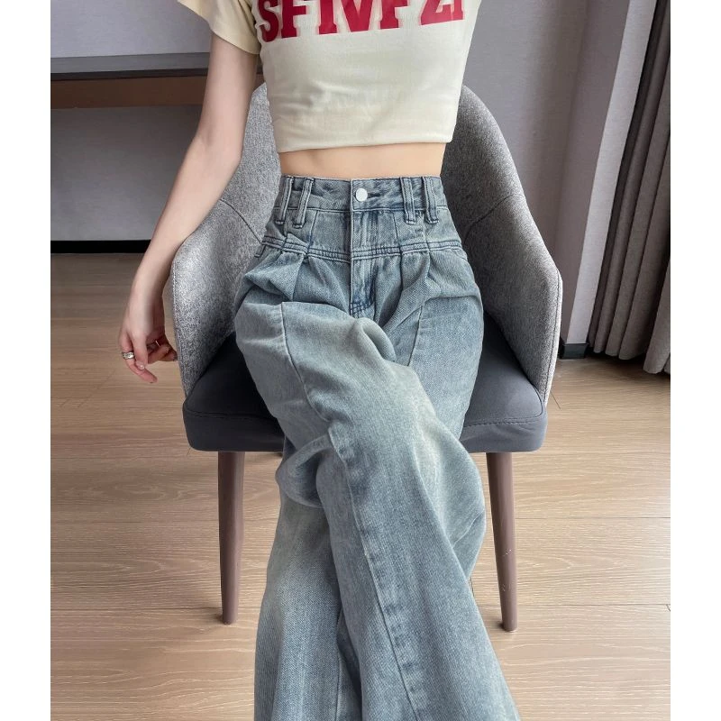 高腰牛仔裤女秋冬2023年新款小众设计感港味复古chic拖地阔腿长裤