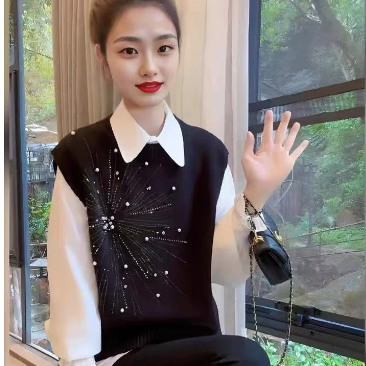 重工钉珠假无袖毛衣2024秋冬新款女针织衫设计感百搭马甲显瘦
