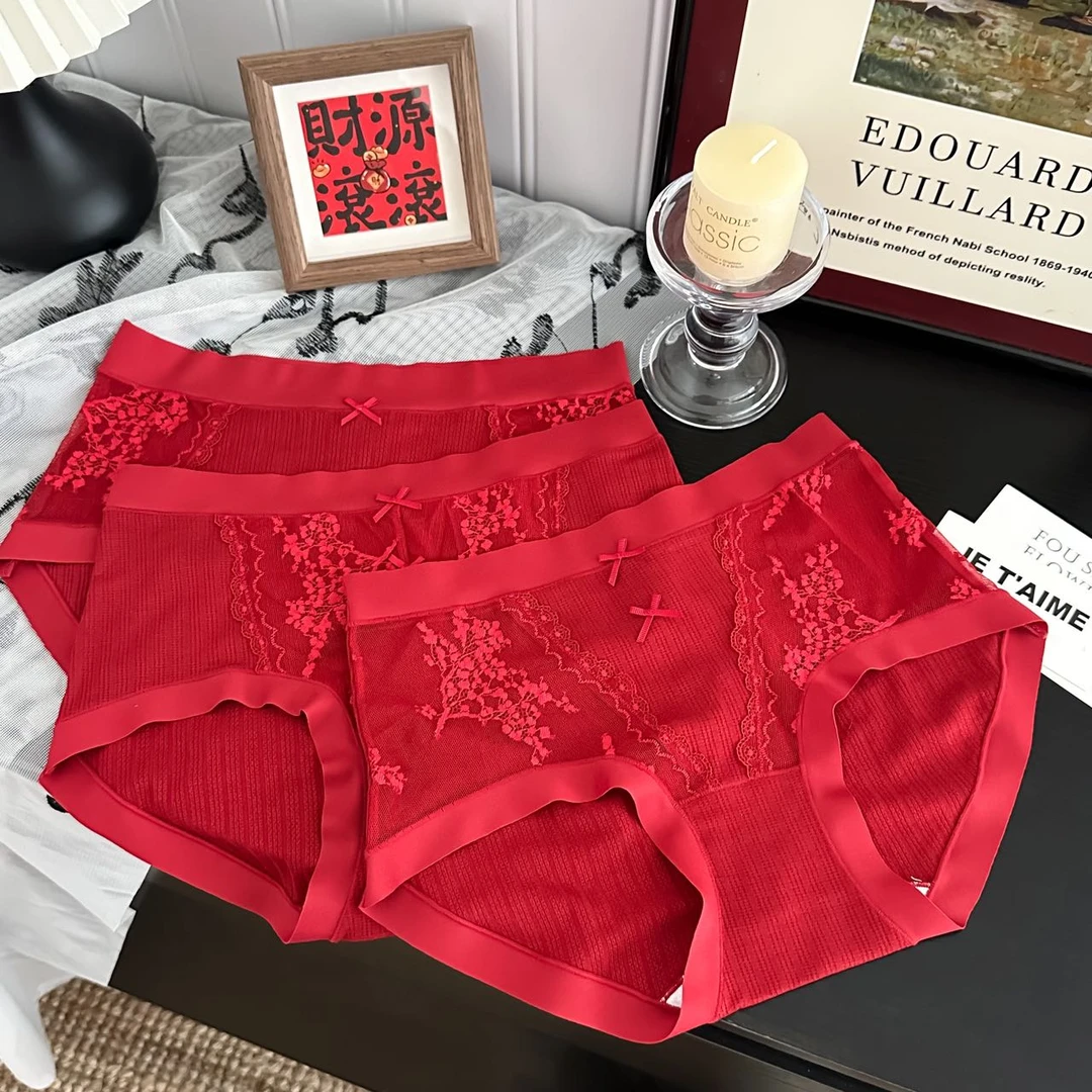 安可拉红色内裤女蕾丝提花中腰7A透气喜庆本命年性感三角底裤2809