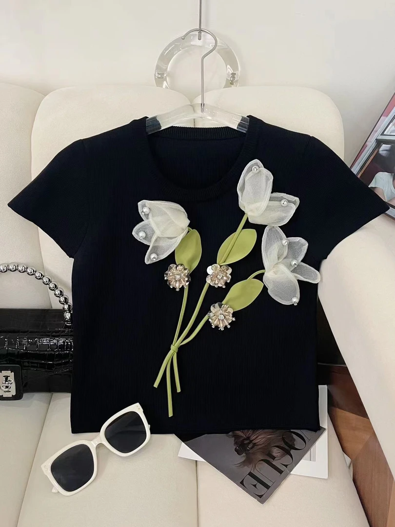 ALL SISTERS 2024新款夏季重工刺绣立体郁金香简约气质女短袖上衣