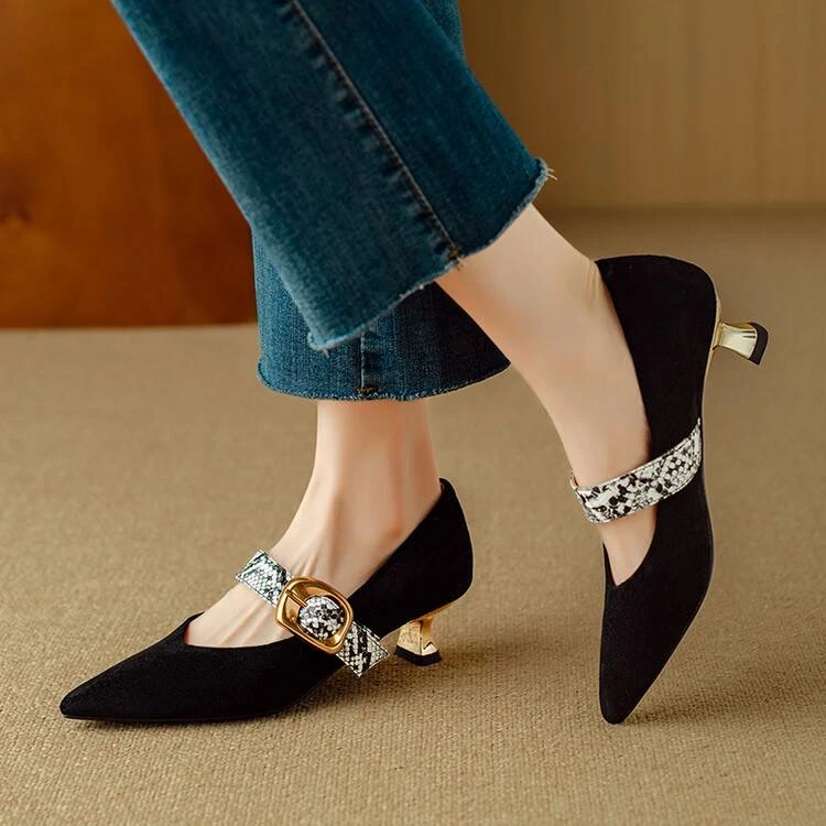 2024秋季新款磨砂羊猄皮细跟中跟单鞋一字带扣真皮尖头玛丽珍鞋女