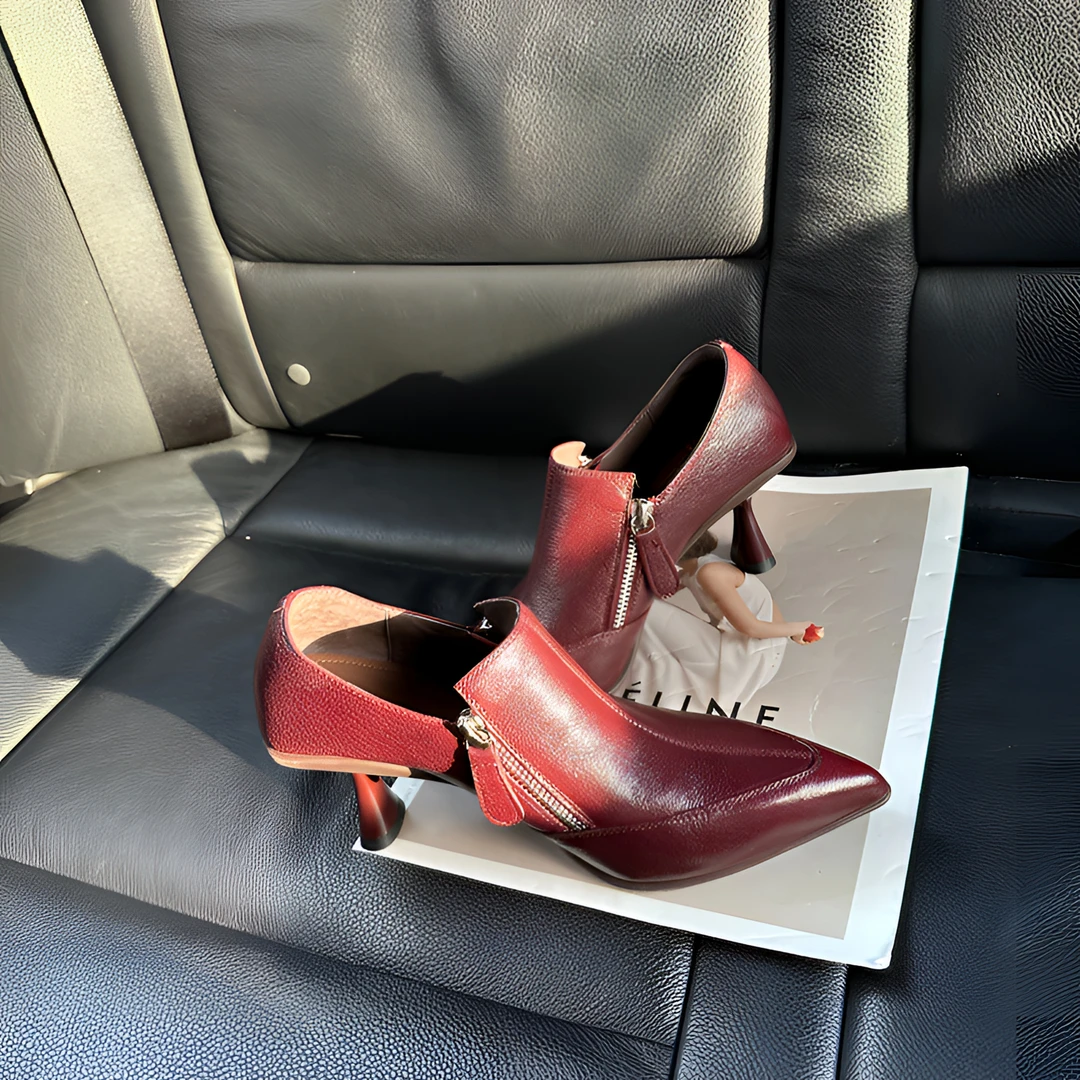 Taze/她泽秋季新款复古风小羊皮尖头深口单鞋通勤百搭粗跟高跟鞋