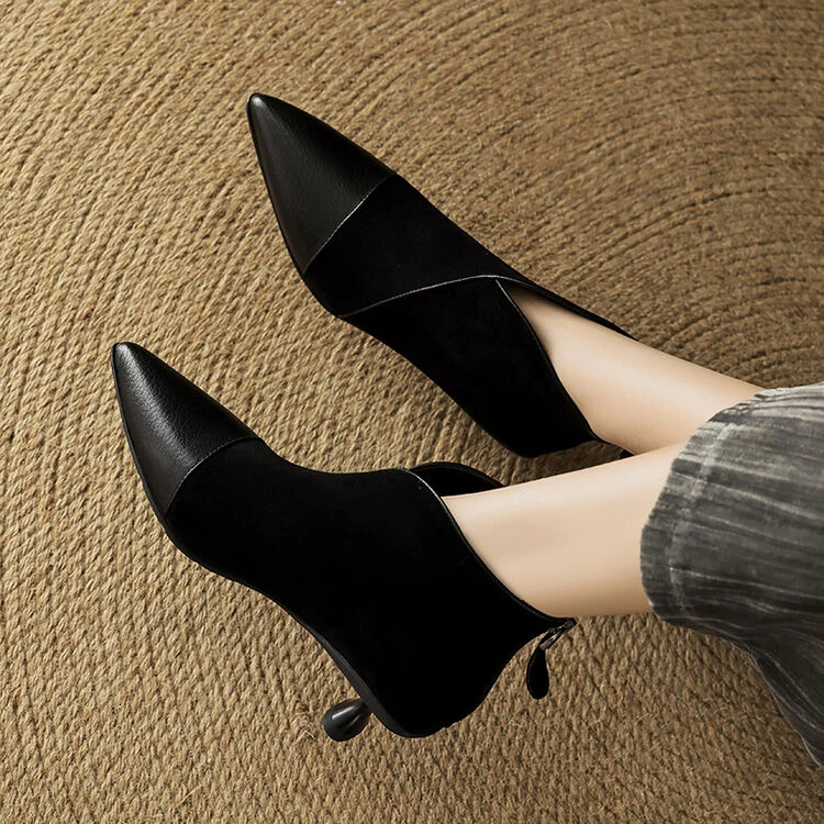 Taze/她泽秋冬新款法式羊猄皮尖头中跟踝靴女真皮细跟短靴瘦瘦靴