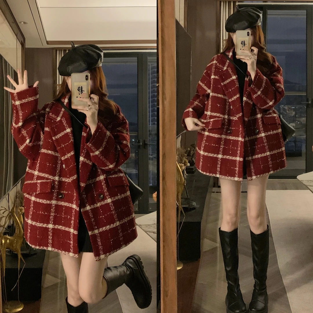 时尚大码红色格子毛呢外套女2024冬季新款加棉加厚韩系宽松复古