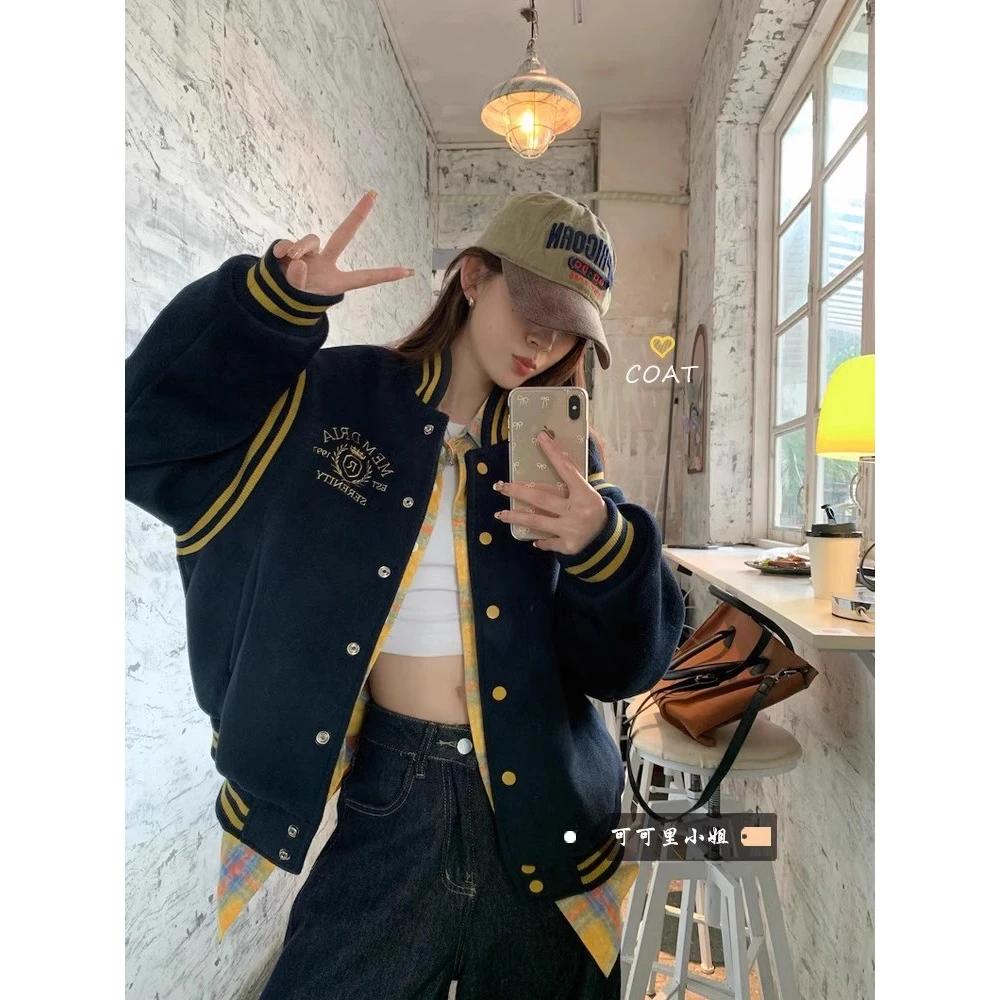 美式运动风撞色刺绣字母长袖外套女秋季宽松夹棉加厚棒球服外套潮