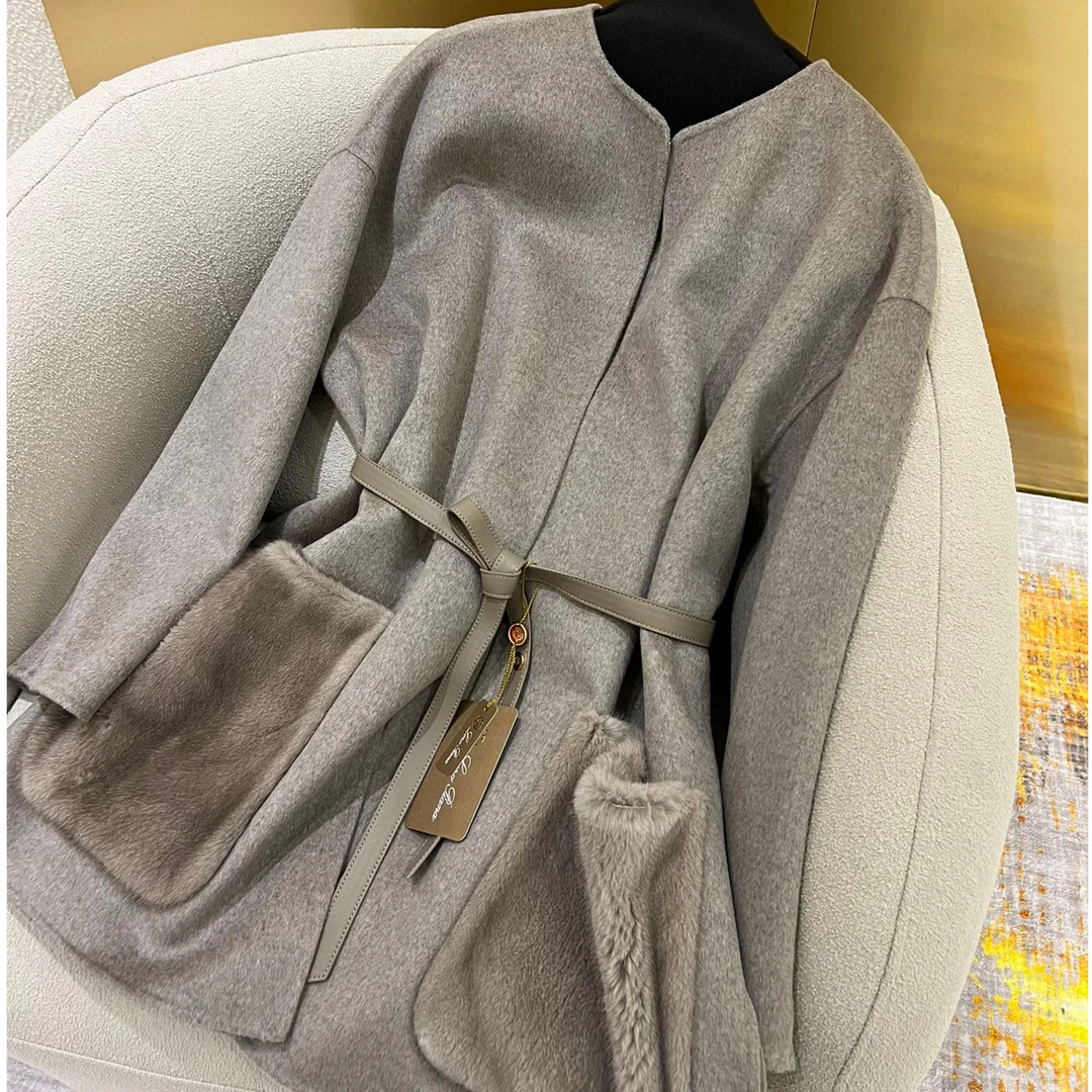 2024秋冬新款双面羊绒大衣女中长款水貂口袋高级感气质羊毛呢外套