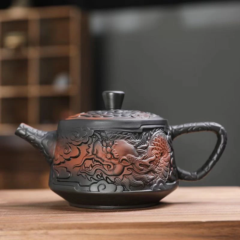 GF047云南紫陶茶壶家用紫砂壶陶瓷单壶家用名家功夫茶具浮雕
