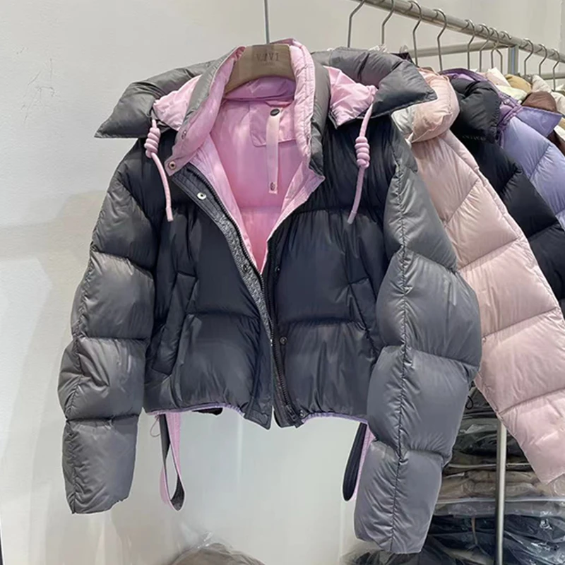 时尚韩版撞色泡芙羽绒服女短款2024年新款超轻加厚小个子冬季外套