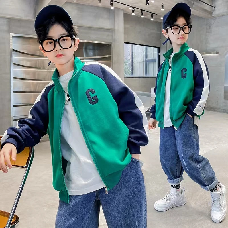 男童春款2024新款男孩棒球服休闲时尚立领拼色上衣中儿童撞色春秋