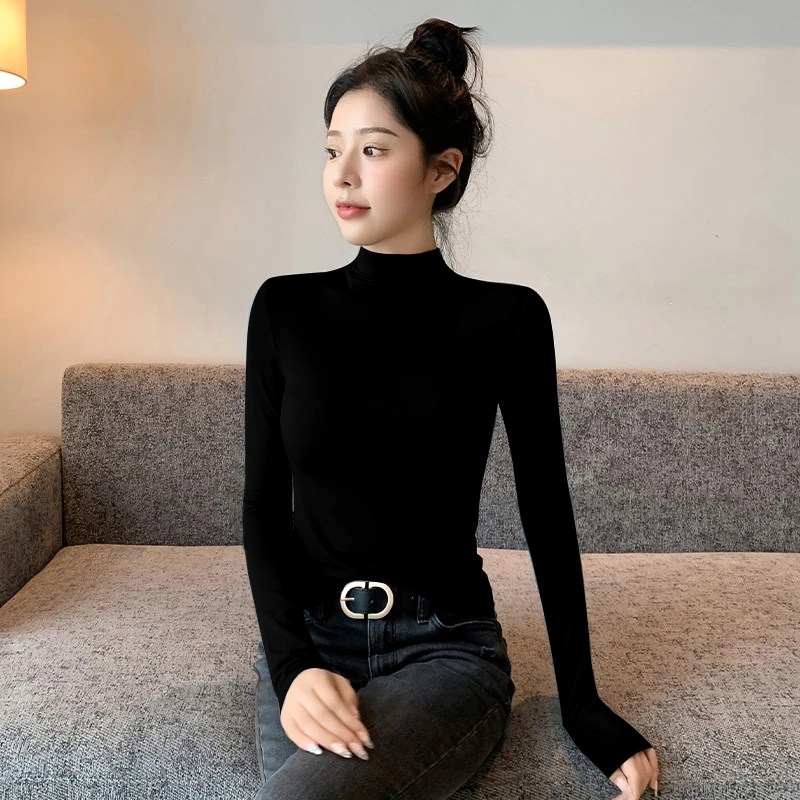 莫代尔2024秋冬黑色高领长袖T恤女新款内搭外穿堆领紧身打底上衣