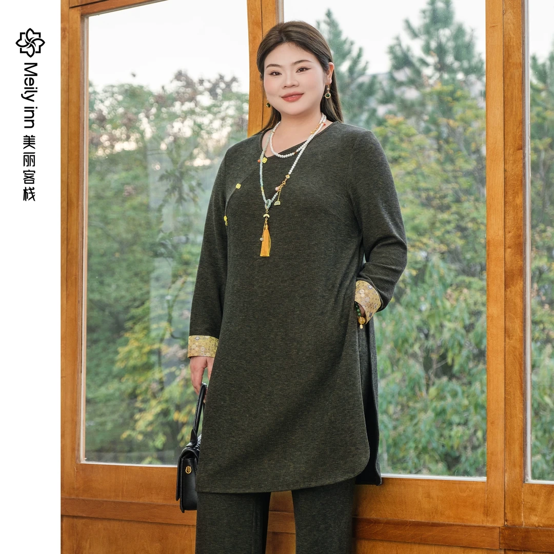 财韵生辉美丽客栈加长针织套头衫女秋冬新款大码女装上衣长袖