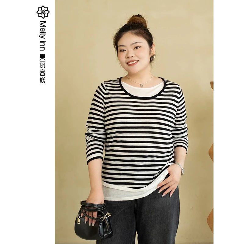 美丽客栈慵懒感秋冬外穿宽松上衣秋季大码胖mm条纹针织衫罩衫女