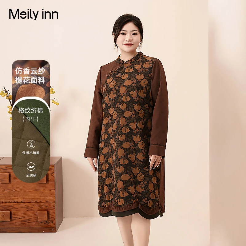 美丽客栈柠檬花开连衣裙秋仿香云纱提花大码mm绣花开叉显瘦旗袍裙