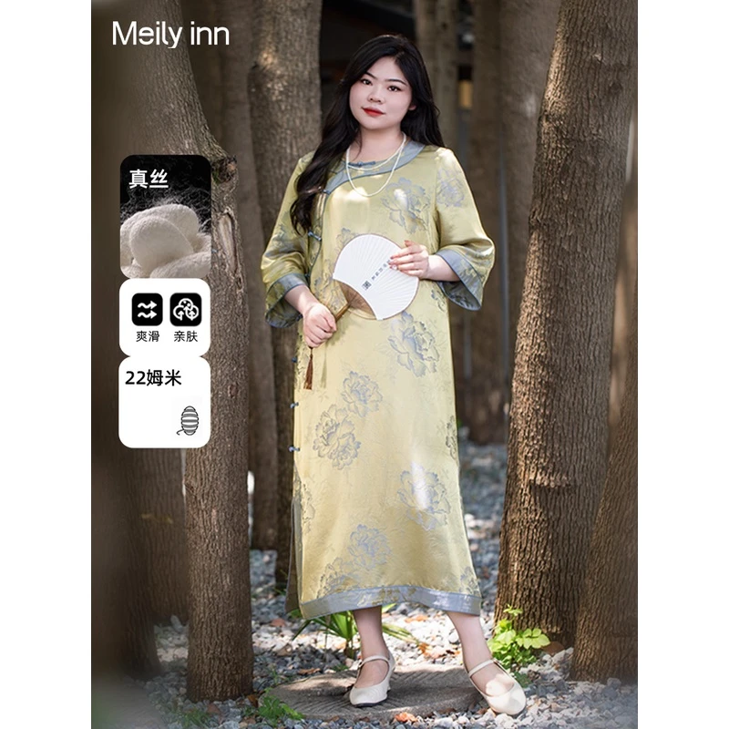 美丽客栈凤穿牡丹连衣裙夏真丝舒适显瘦大码女装新款改良式旗袍裙