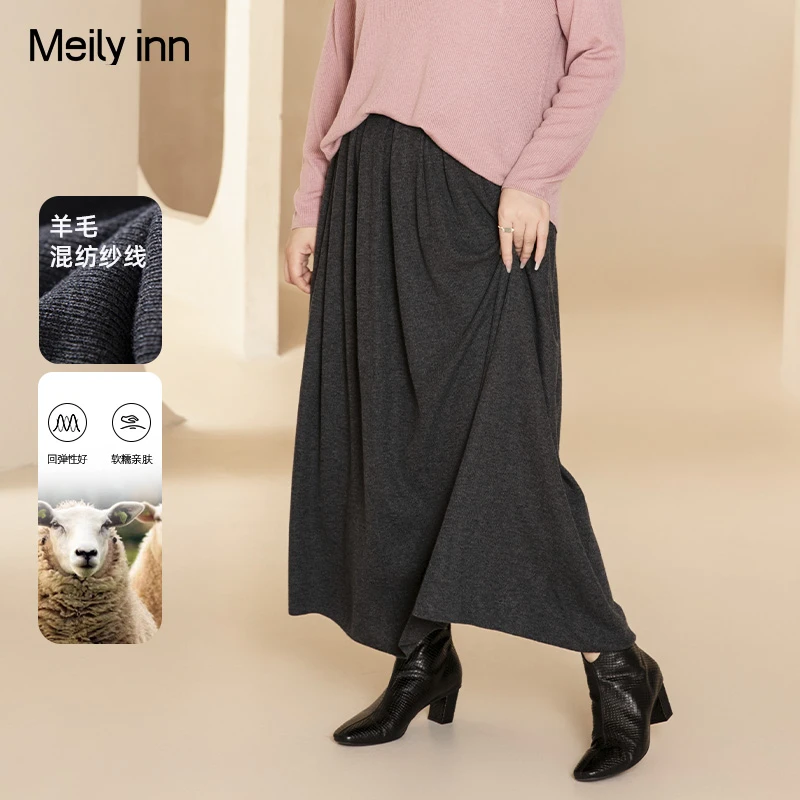 美丽客栈褶间缠绵半身裙 秋松紧腰大码女装宽松遮胯优雅伞状A字裙