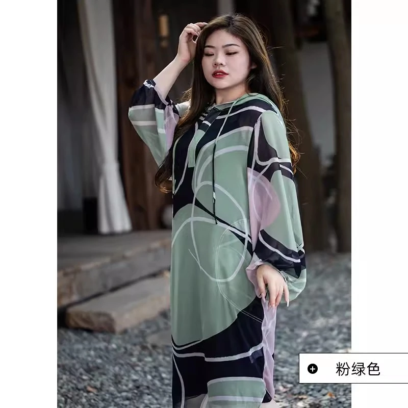 美丽客栈薄荷青烟连衣裙夏连帽长袖遮肉大码女装休闲慵懒几何长裙