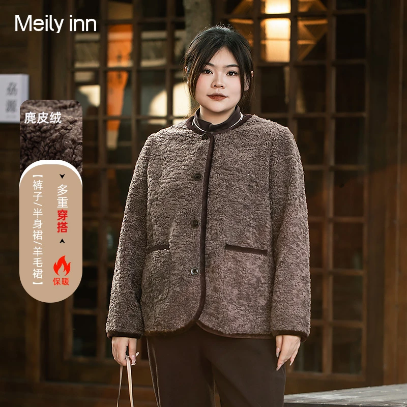 美丽客栈绒绒厚乳仿羊羔毛外套女大码胖MM圆领宽松过冬毛绒短大衣